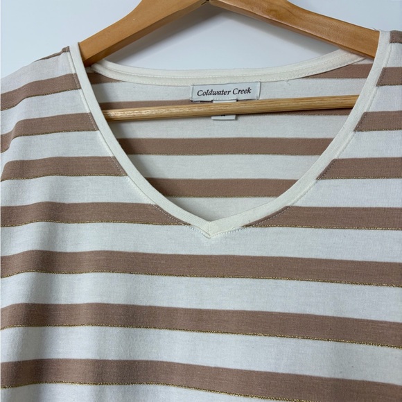 Coldwater Creek Women's Long Sleeve Striped Tan Cream Metallic Stripe Top Size L - Picture 5 of 13